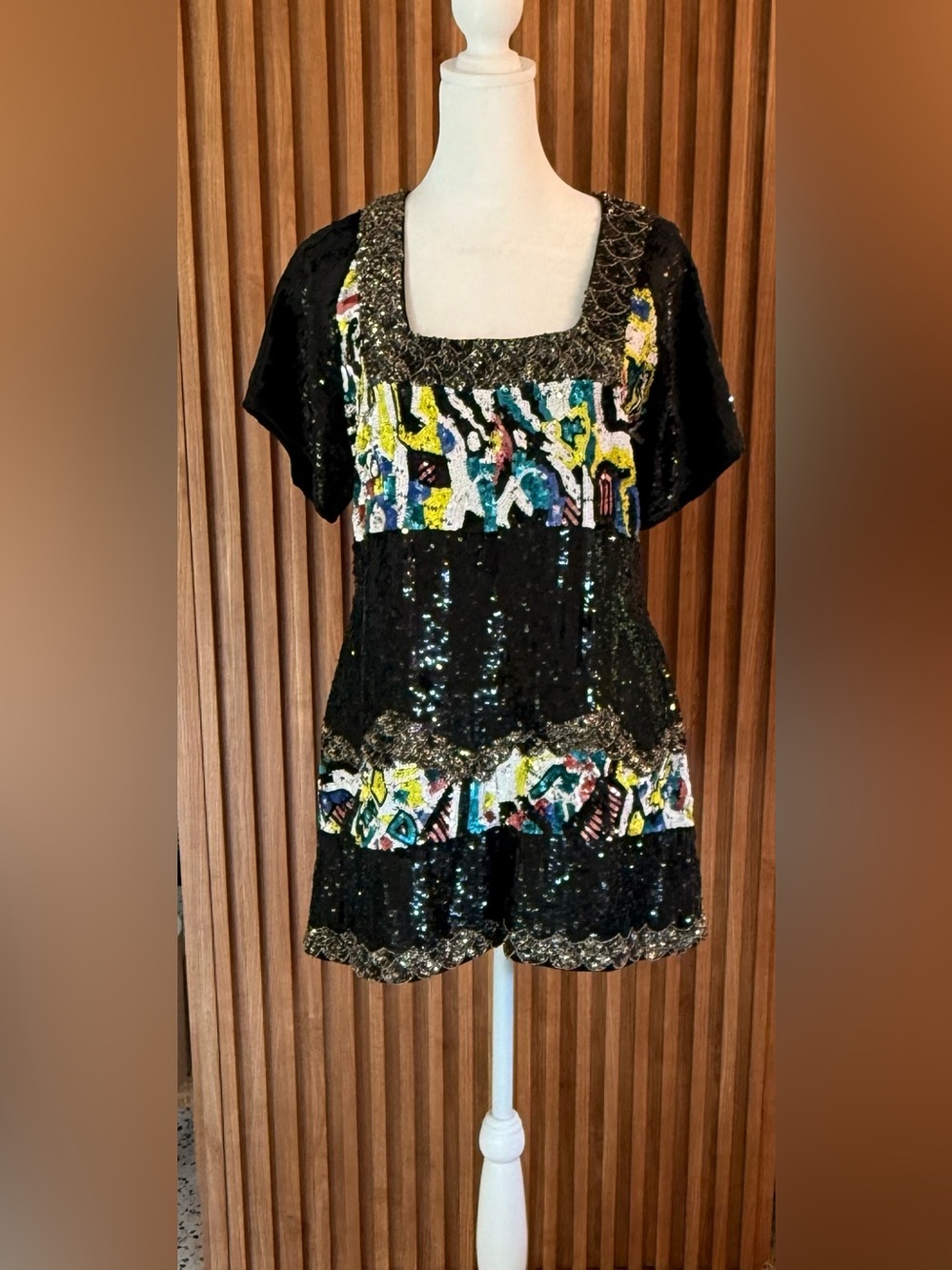 Black Sequin Short Dress with Multicolor Beaded Panels